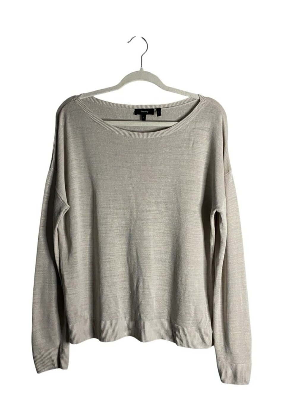 Theory Women's Light Taupe Crewneck Long Sleeve Minimalist Top
